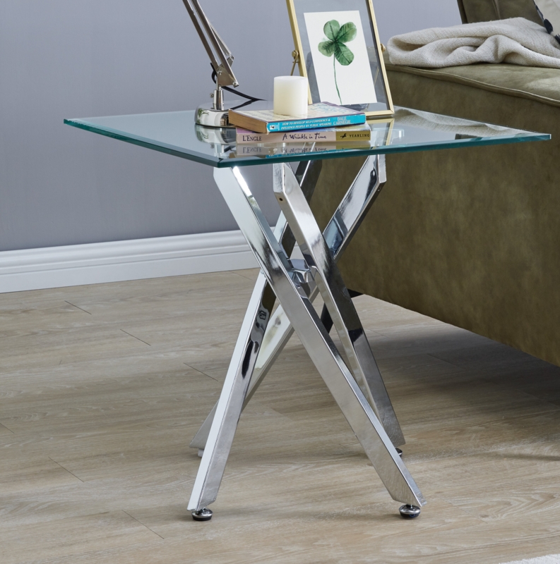 Lenworth Modern Sleek Design Chrome Metal and Glass End Table