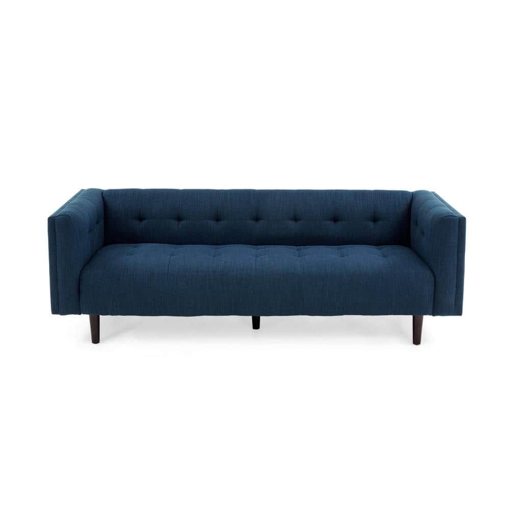 Noble House Ludwig 83 in. Navy Blue Solid Velvet 3-Seats Tuxedo Sofa