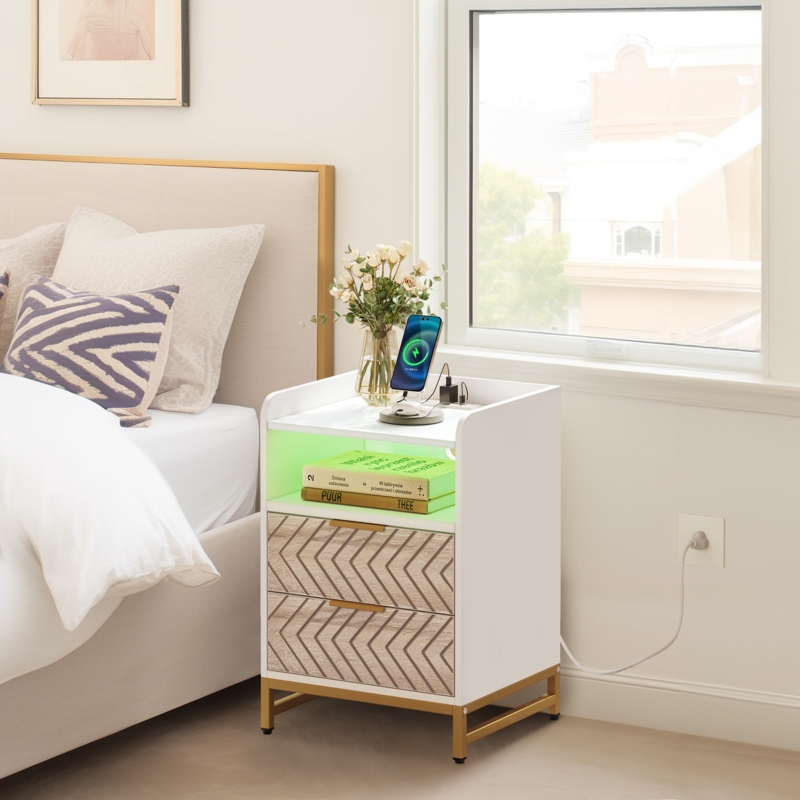 Solon 2 Drawers Nightstand with Charging Station u0026 LED Lights