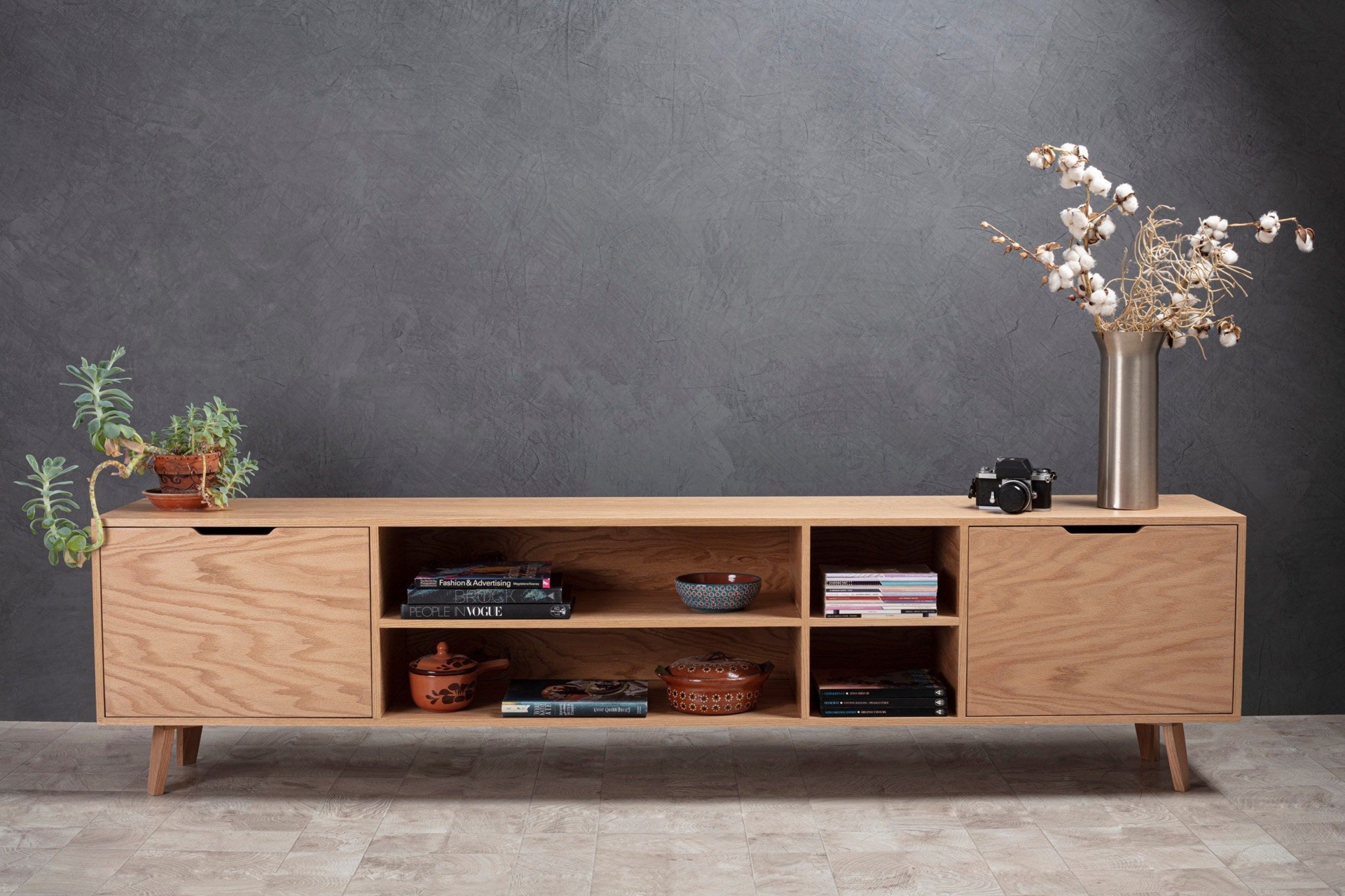 TV Stand Mid Century Modern Console Red Oak Solid Wood Lang