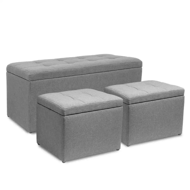 Upholstered Tufted Linen Stool Lift Top Storage Ottoman Bench Living Room (Set of 3)