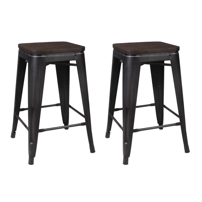 24" Wood Seat Metal Bar Stool (Set of 2)