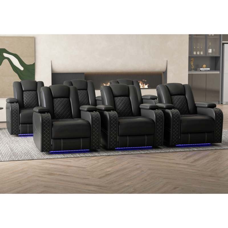 36.2" Wide Luxury Multifunctional Vegan Leather Power Reclining Home Theater Seat with Cupholder