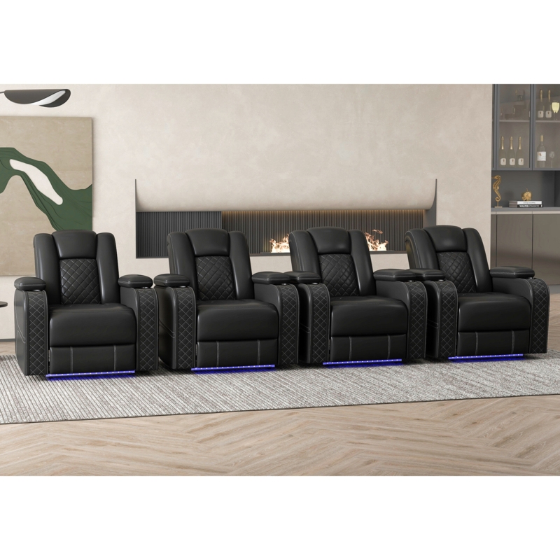36.2" Wide Luxury Multifunctional Vegan Leather Power Reclining Home Theater Seat with Cupholder