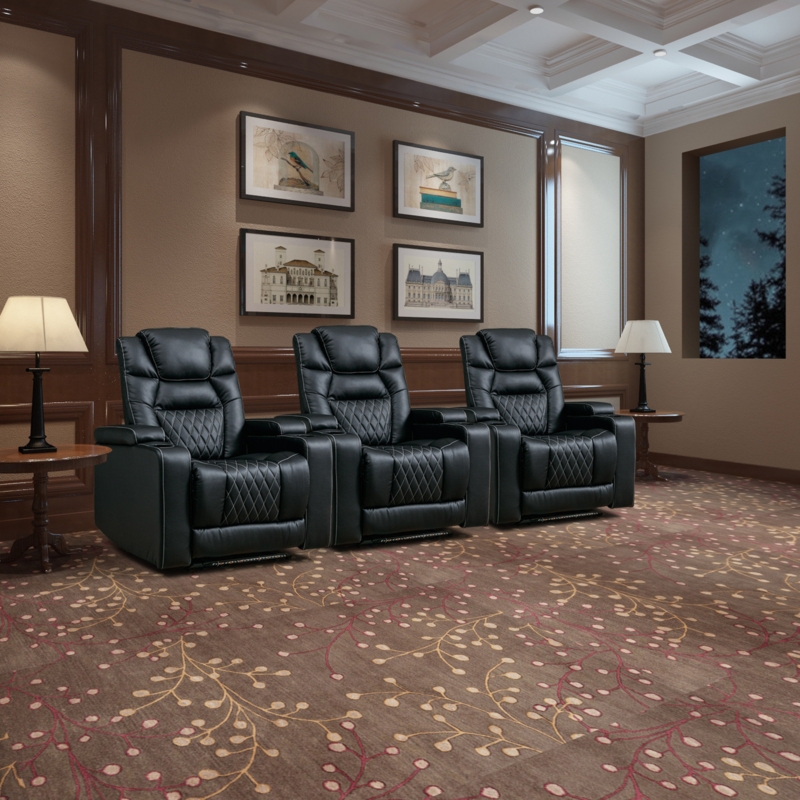 36" Wide Vegan Leather Home Theater Recliner with Cup Holder, USB Port and LED Light
