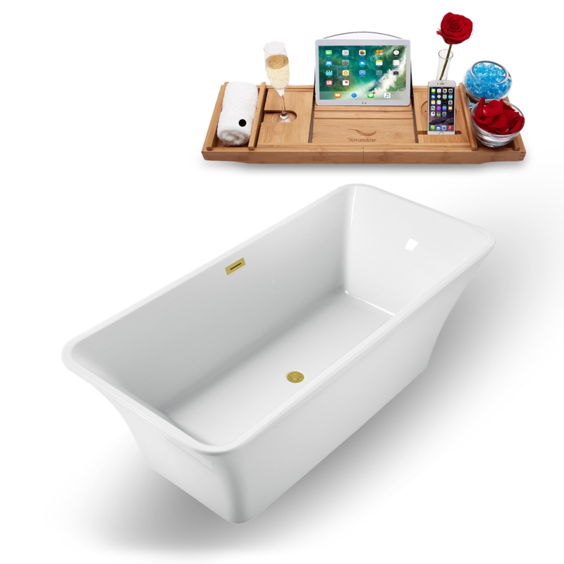 71" Streamline Freestanding Soaking Acrylic Bathtub With Drain and Bamboo Tray