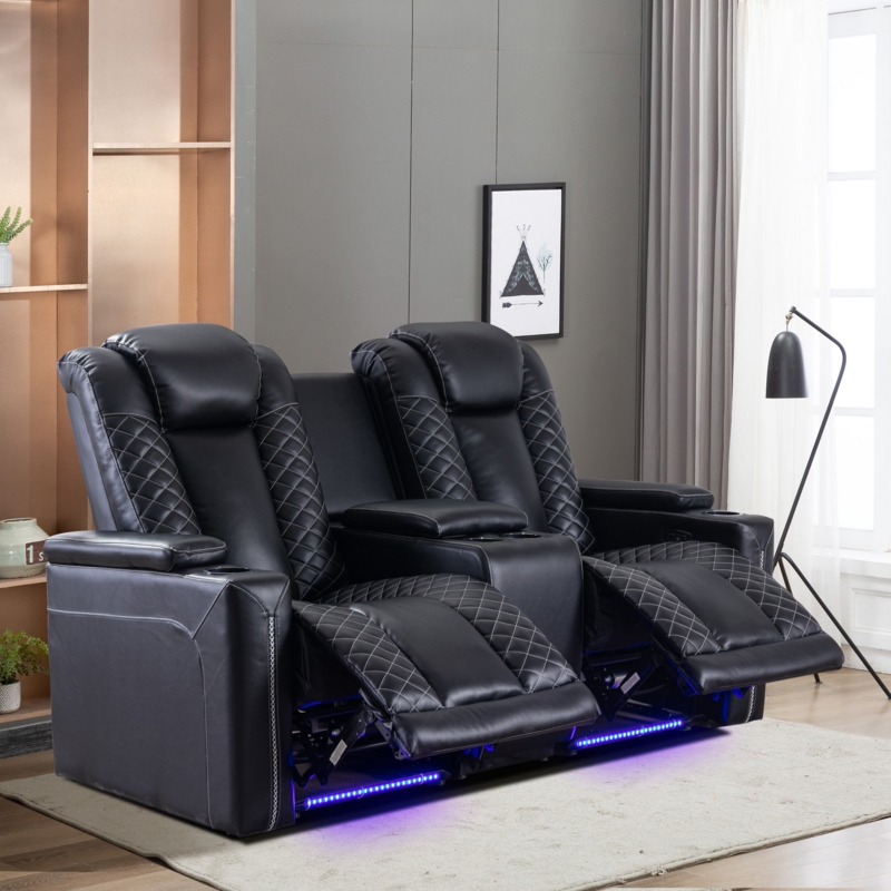 71'' Wide Modern and Luxury Breathable Vegan Leather Power Reclining Home Theater Seating with Cup Holder and Ambient Lighting
