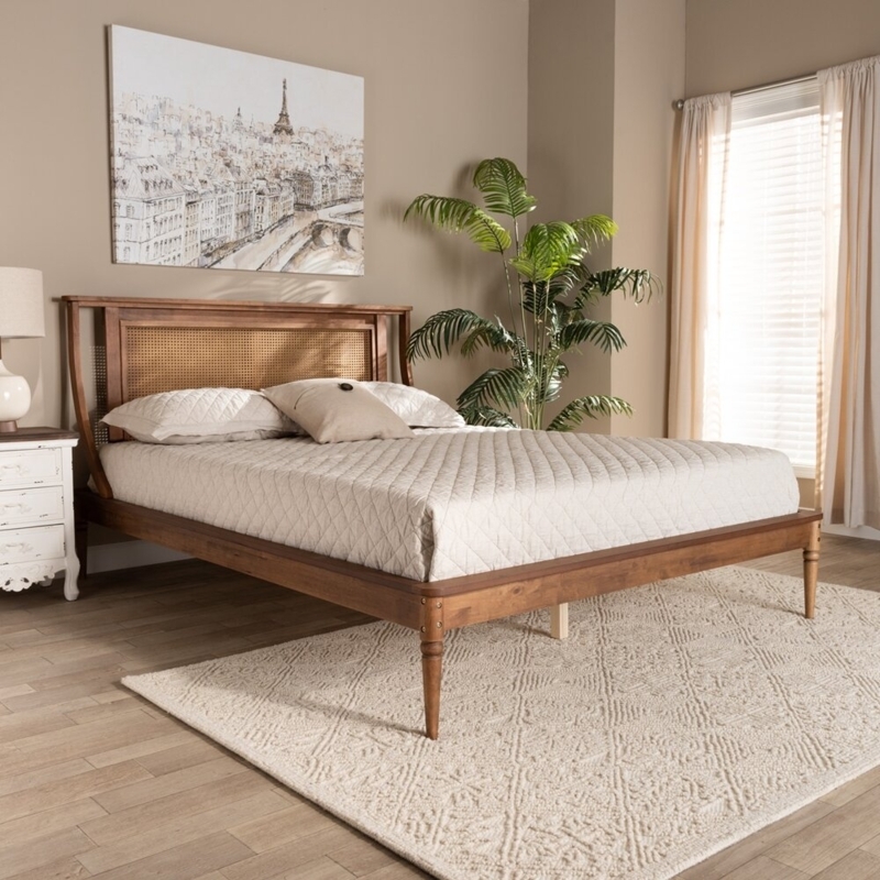 Ambe Modern Transitional Walnut Brown Finished Wood And Synthetic Rattan King Size Platform Bed
