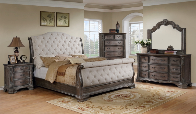 Antique Gray Upholstered Sleigh Bedroom Set Special Queen 3 Piece: Bed, 2 Nightstands