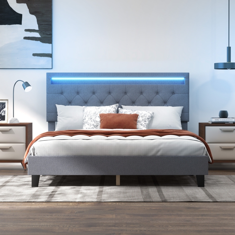 Arnetha Modern Uphosltered Platform Bed With Tufted Headboard And LED Lights