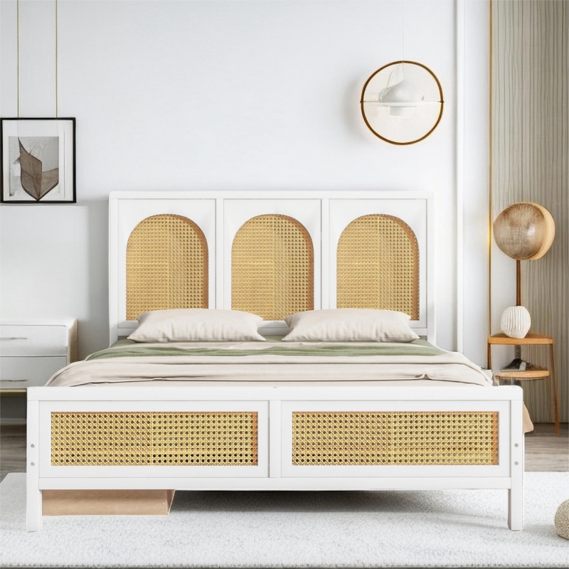 Arrellano Natural Style Platform Storage Bed with Rattan Headboard and Footboard