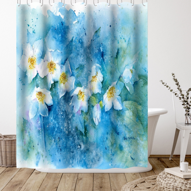 Botanical Shower Curtain Hellebores On Blue by Rachel McNaughton