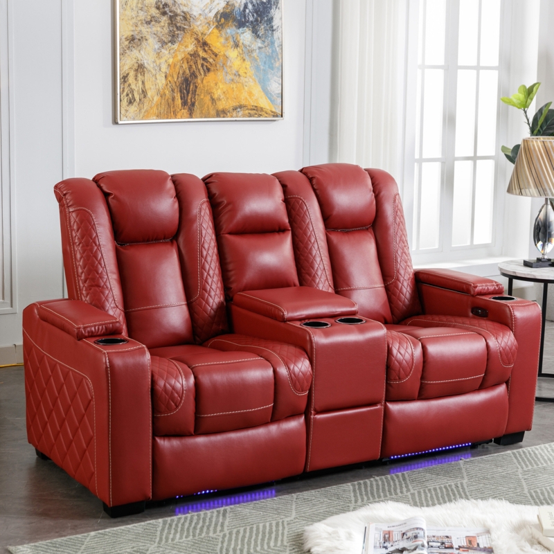 Devdaksh 73" W Top Leather Power Recliner Loveseat Home Theater with Cup Holder and Ambient Light Strap
