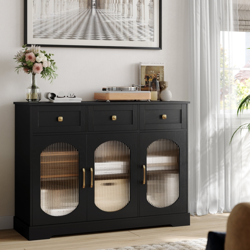 Dorfman 47.2" Wide 3 Drawer Sideboard with Fluted Glass Doors, Adjustable Shelves
