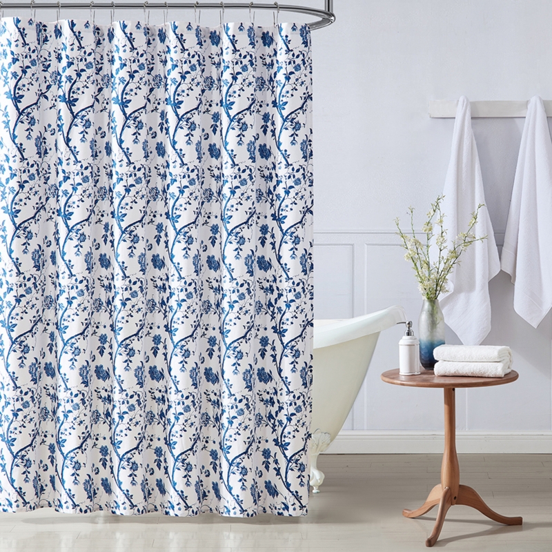 Elise Blue/White Floral 100% Cotton Shower Curtain
