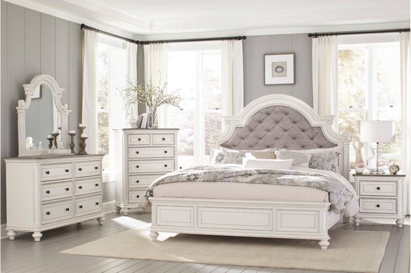 Elvina Antique-White Fabric Panel Bedroom Set 3&1