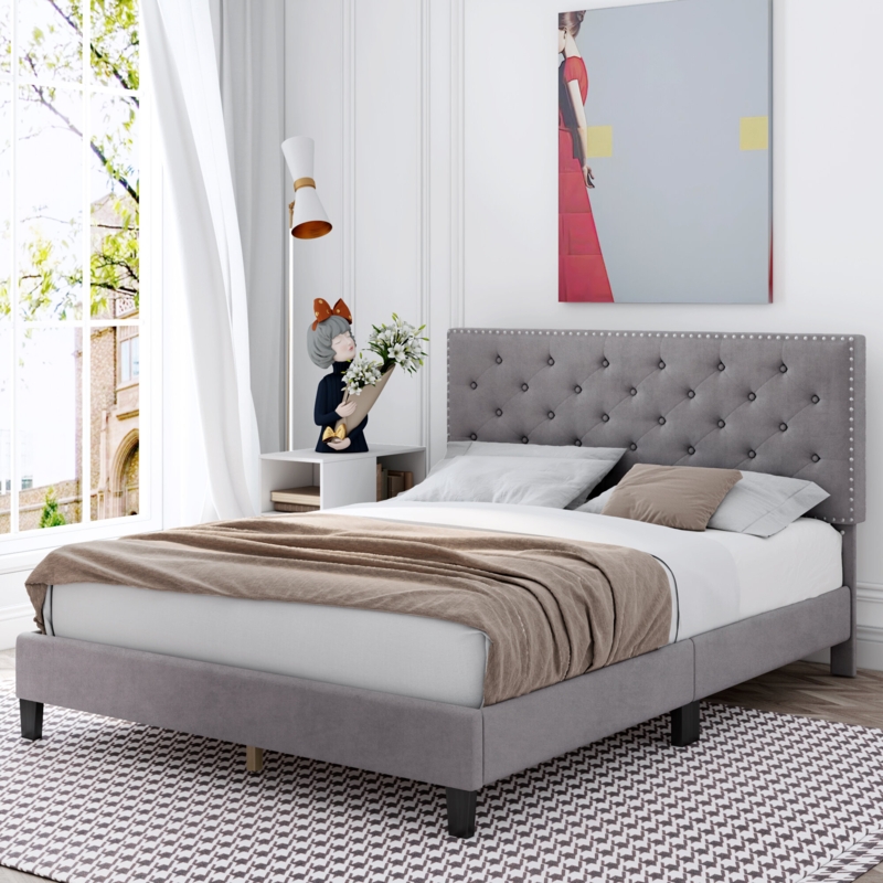 Emanuell Velvet Tufted Upholstered Bed Frame with Adjustable Headboard