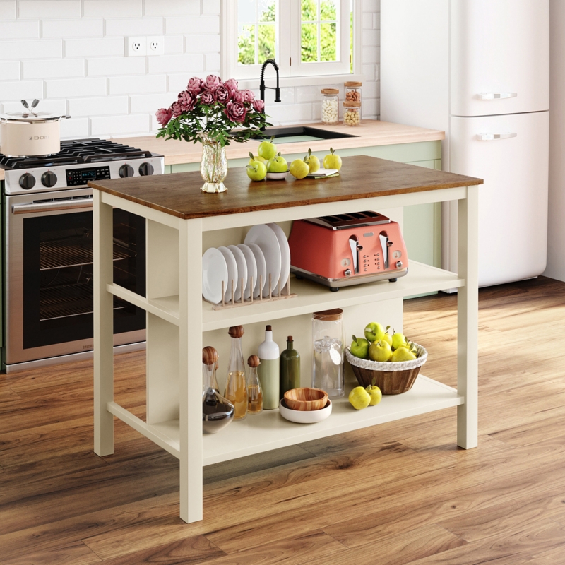 Engin Rectangular 45'' L x 27'' W Solid Wood Dining Table  Kitchen Island with 2 Open Shelves