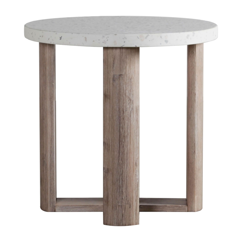 Galindez Indoor-Outdoor White Terrazzo and Acacia 22" Round Cross Legs End Table