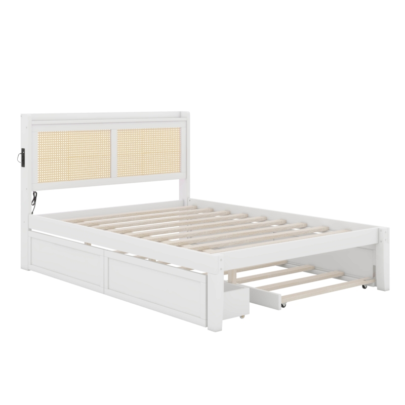 Hiroyasu Queen Size Elegant Bed Frame With Rattan Headboard And Sockets