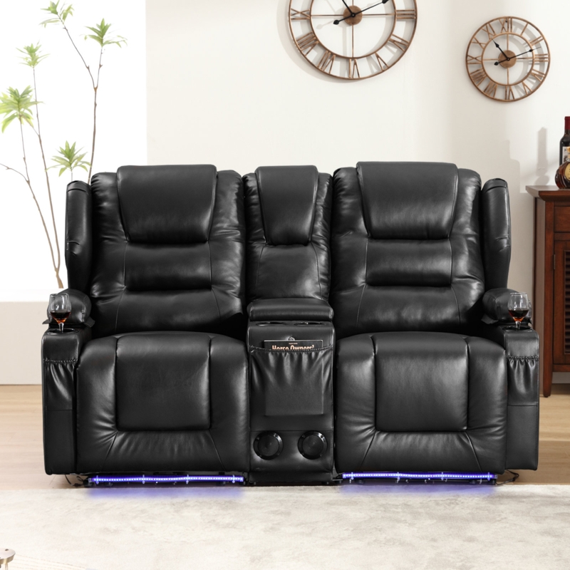Home Theater Loveseat Recliner Power Recliner Chair with Bluetooth Speaker, Base Light