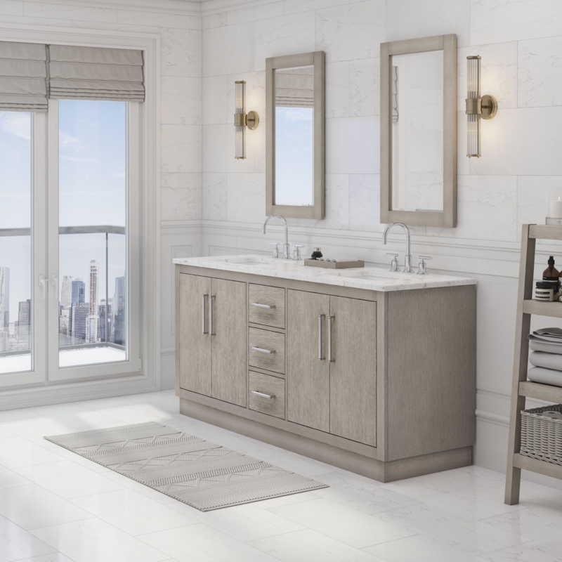 Hunner 72" Carrara White Marble Countertop Bath Vanity in Gray Oak with Faucet and Mirror