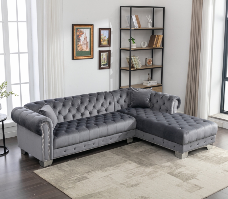 Joannette 133'' Wide Traditional Tufted Sectional Sofa Chaise with Nail Trim & 2 Pillows