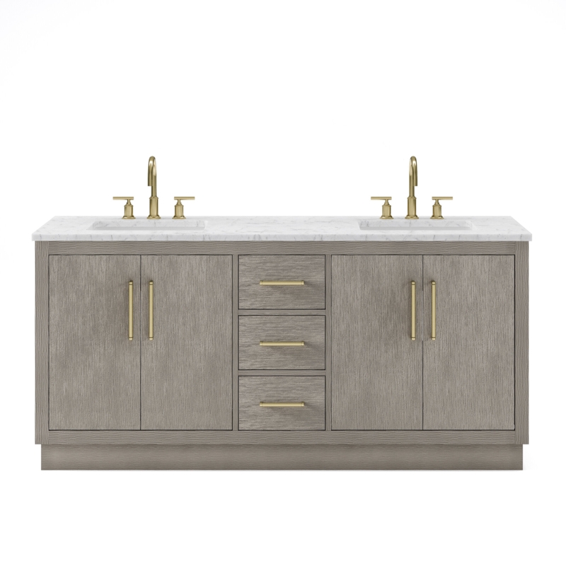 Kamila 72" Carrara White Marble Countertop Bath Vanity in Gray Oak with Facuet