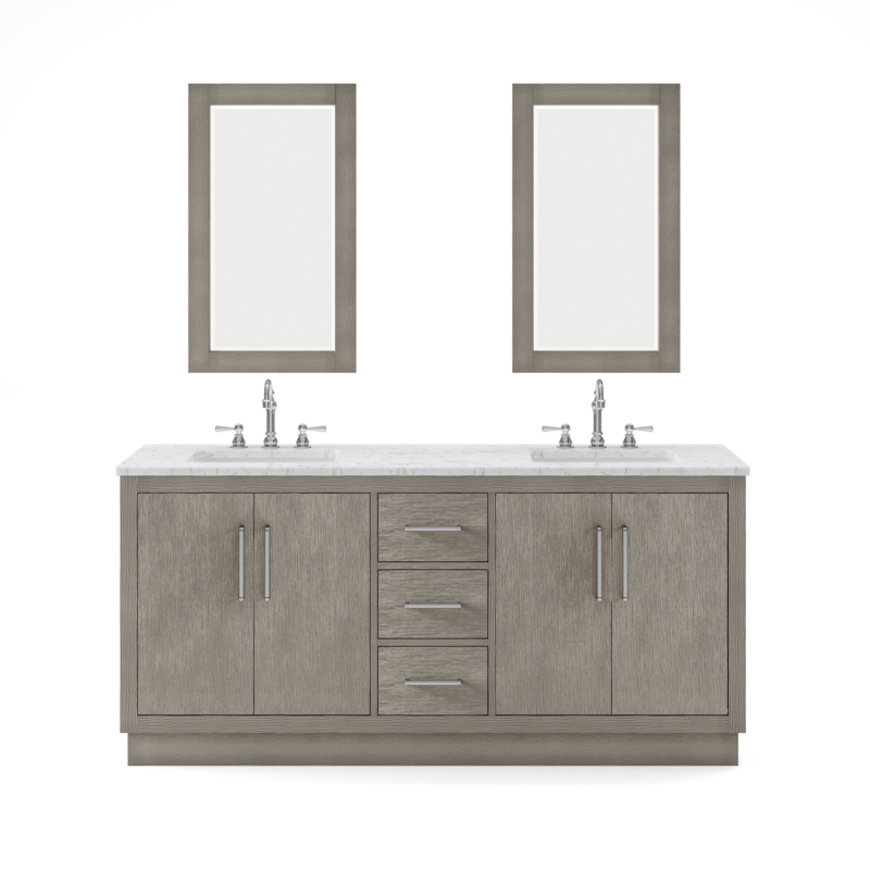 Kamila 72" Carrara White Marble Countertop Bath Vanity in Gray Oak with Mirror