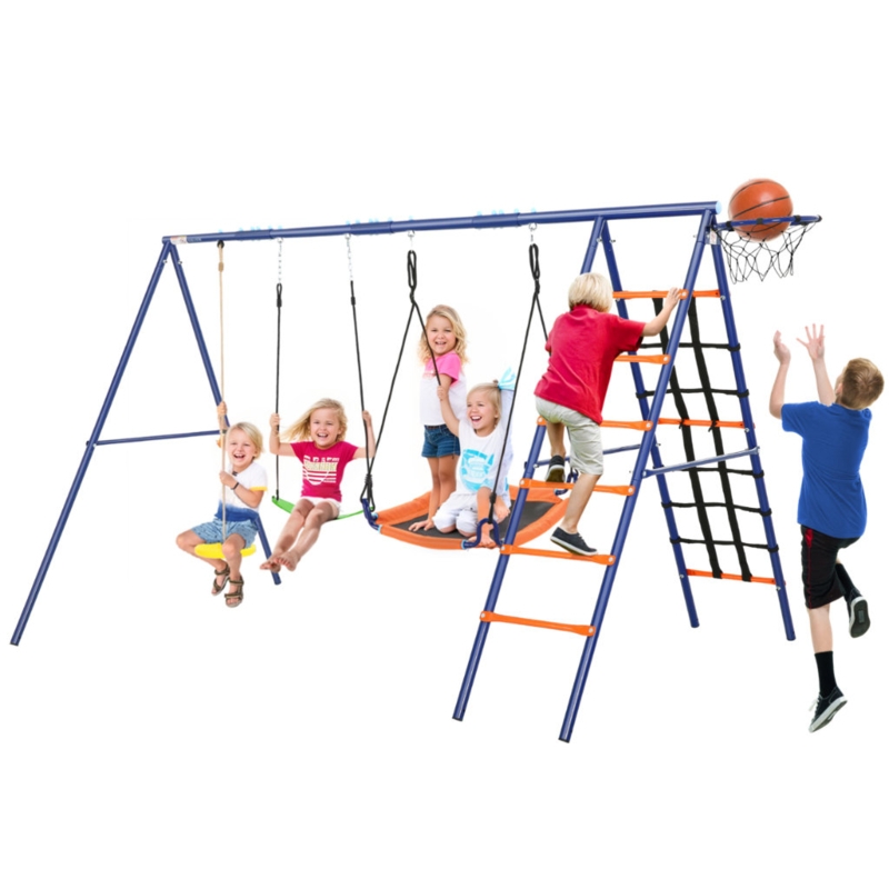 Kids Swing Set with 3 Adjustable Swing Climbing Net Ladder Basketball Hoop