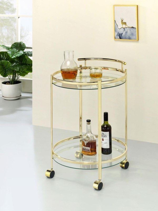 Korynne Metal Bar Cart with Glass Shelf in Brass and Clear