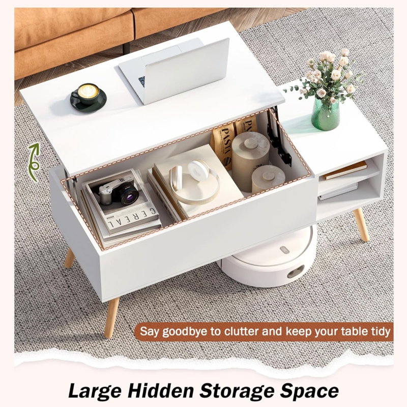 Lift Top Coffee Table, White Coffee Table With Storage, Wood Coffee Table With Hidden Compartment, Center Table For Living Room, White