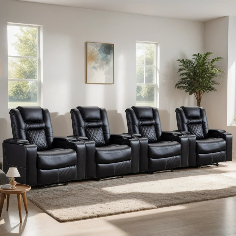 Luxury Leather Home Theater Seat Recliners Quadruple Seat Man Cave USB u0026 Cup Holders
