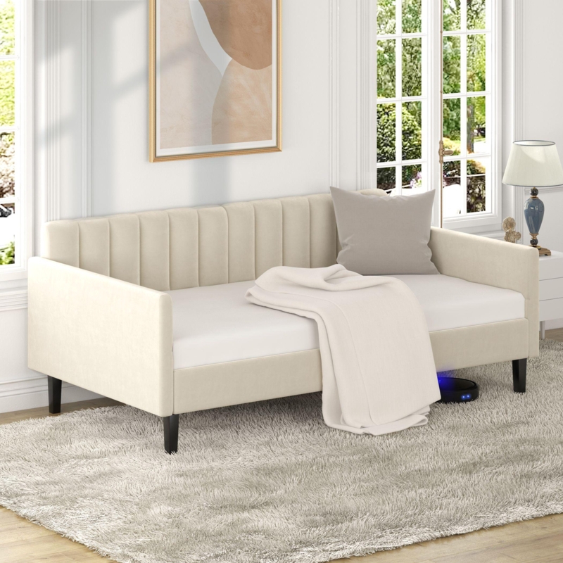 Marlasia Twin Size Beige Velvet Upholstered Daybed, Ribbed Tufted Backrest, Daybed in Modern Design