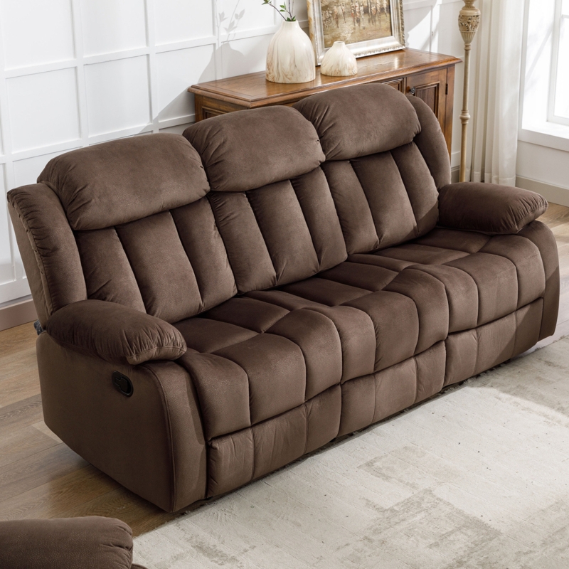 Oxier 84'' Wide Short Plush Fabric Cushion Back Manual Reclining Sofa with Skin-Friendly Upholstery