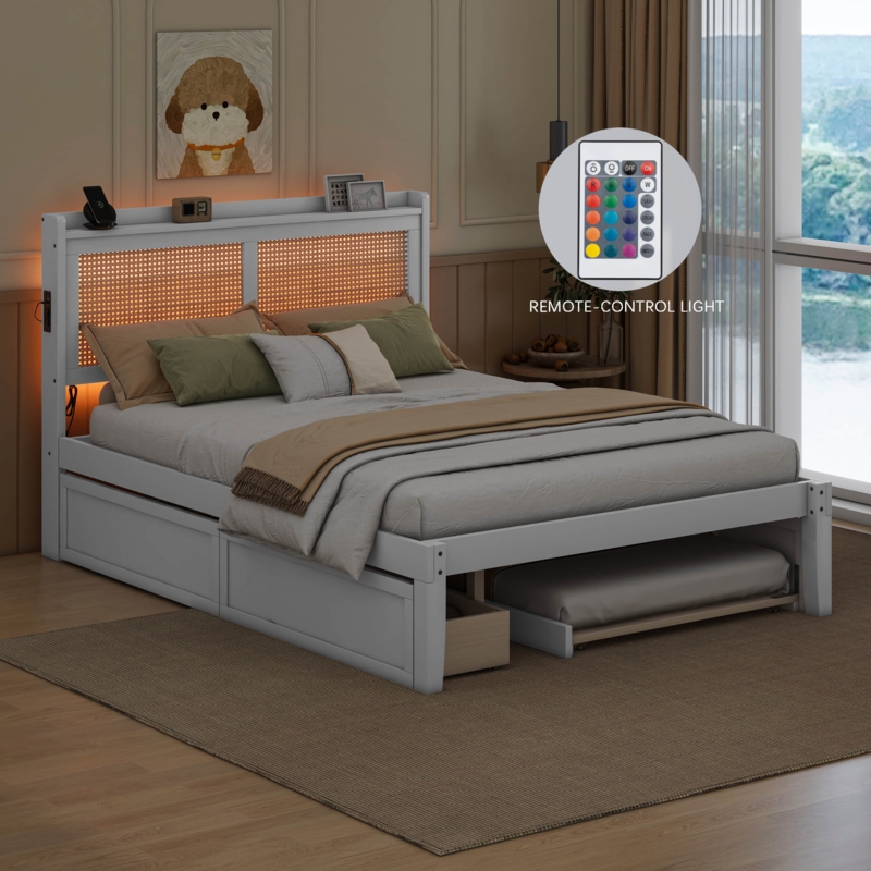 Queen Size Elegant Bed Frame with Rattan Headboard and Sockets