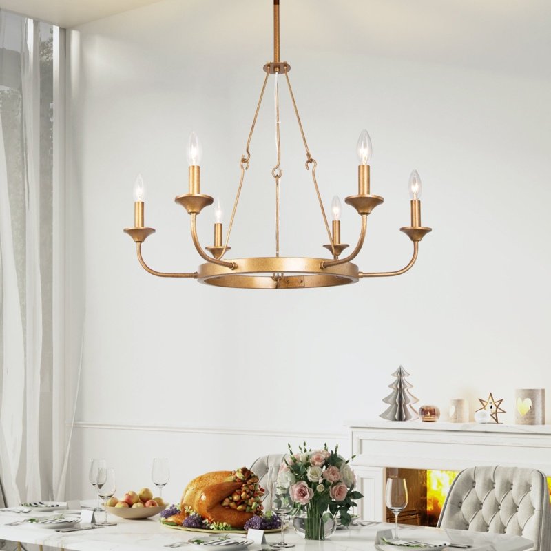 Queener 6 - Light Candle Style Wagon Wheel Chandelier