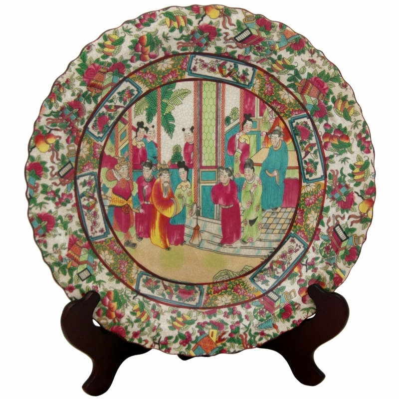 Round Asian Inspired Decorative Plate in Pink/Green/Beige