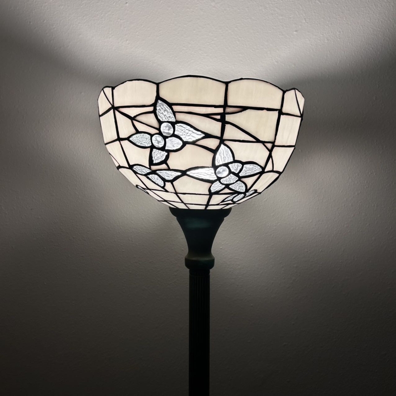 Sehnaz Tiffany Torch Floor Lamp White Stained Glass Flowers LED Bulb Included H66"