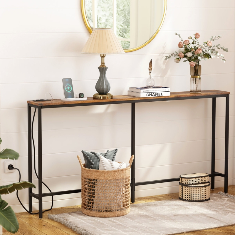 Shar 63" Narrow and Skinny Console Table with Charging Station for Entryway, Hallway, and Living Room