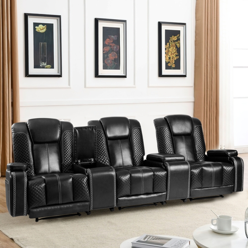 Vegan Premium Bonded Leather Home Theater Seating with Arm Compartment and Cup Holders