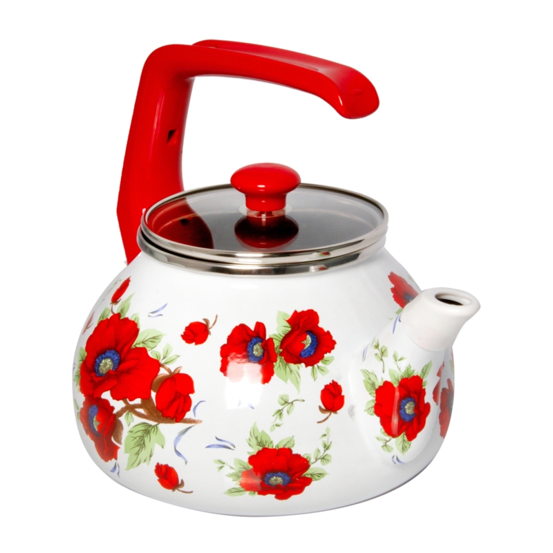 Vintage Kettle 2.3 Qt. Poppies Country Style Traditional Enamel