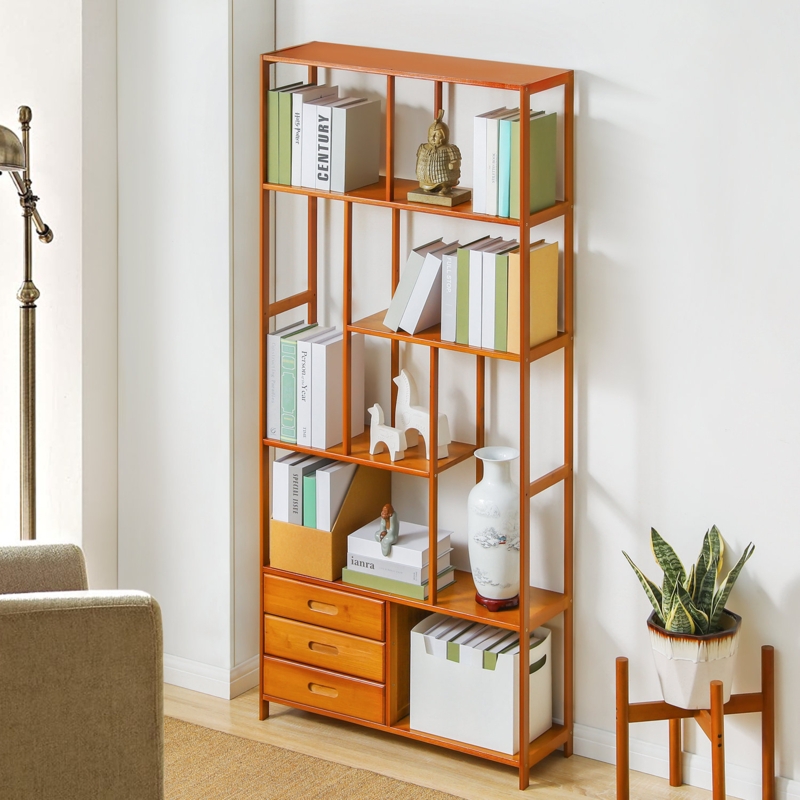 6 Tiers 3 Drawers Bamboo Bookcase, Open Bookshelf, Storage Display Shelf for Living Room