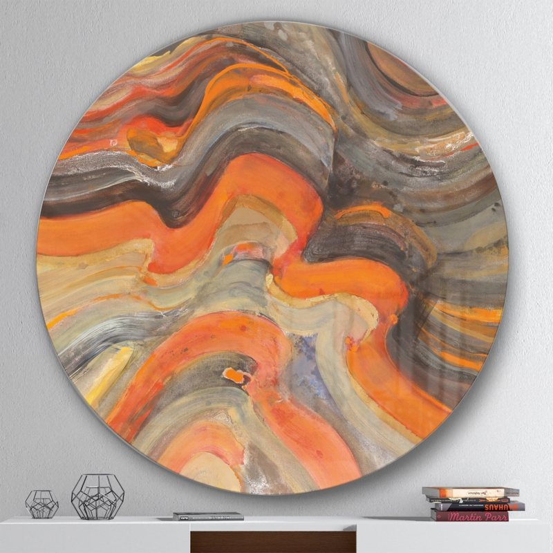Abstract Gilded Orange Waves - Painting Print Metal Circle Wall Art