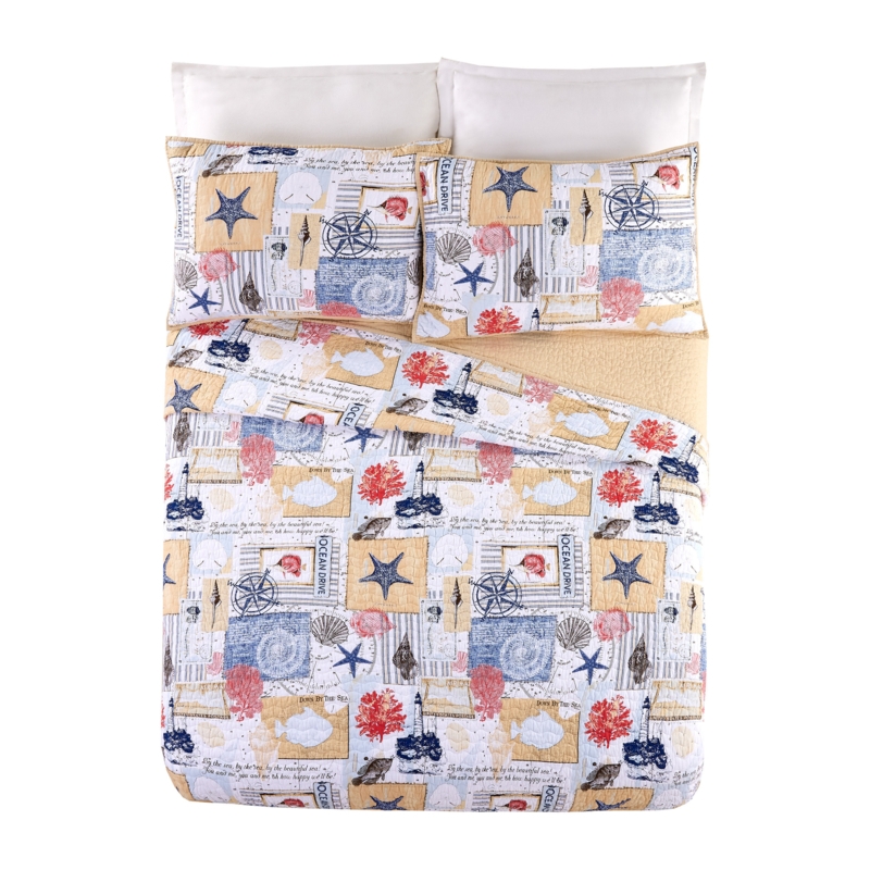 Akilia Beige/Red/White 100% Cotton Reversible 3 Piece Quilt Set