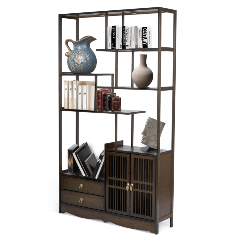 Bamboo Storage Bookcase Shelf with 2 Drawers