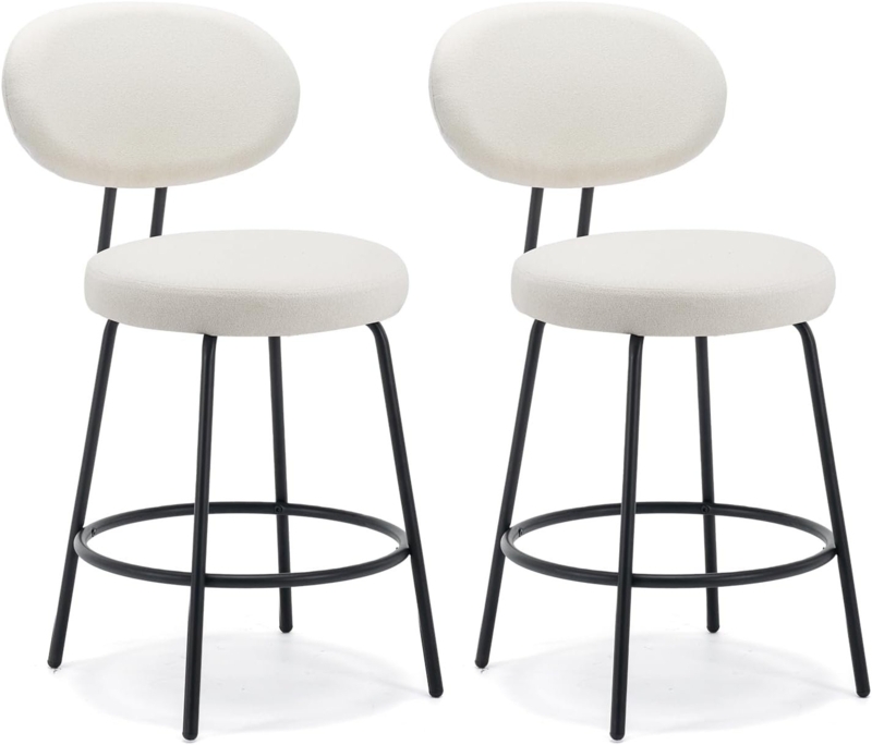 Bar Stools Set Of 2, Counter Height Bar Stools, 24 Inch Upholstered Fabric Barstools With Backs And Metal Legs, Mid Century Modern Bar Stools For Kitchen Island Dining Room Bar Shops, Cream (Set of 2)