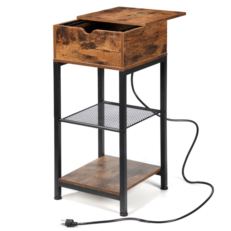 Bedside Table Nightstand Narrow Sliding Top Side Table With Storage Shelf With USB Ports u0026 Power Outlets