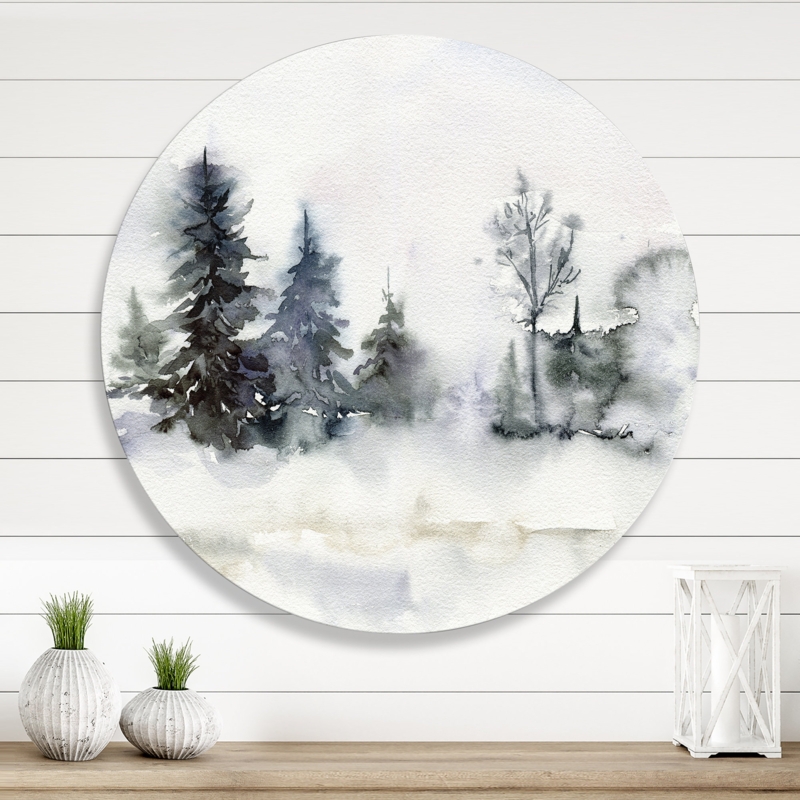 Christmas Minimalistic Forest Landscape And Snow - Lake House Metal Circle Wall Art