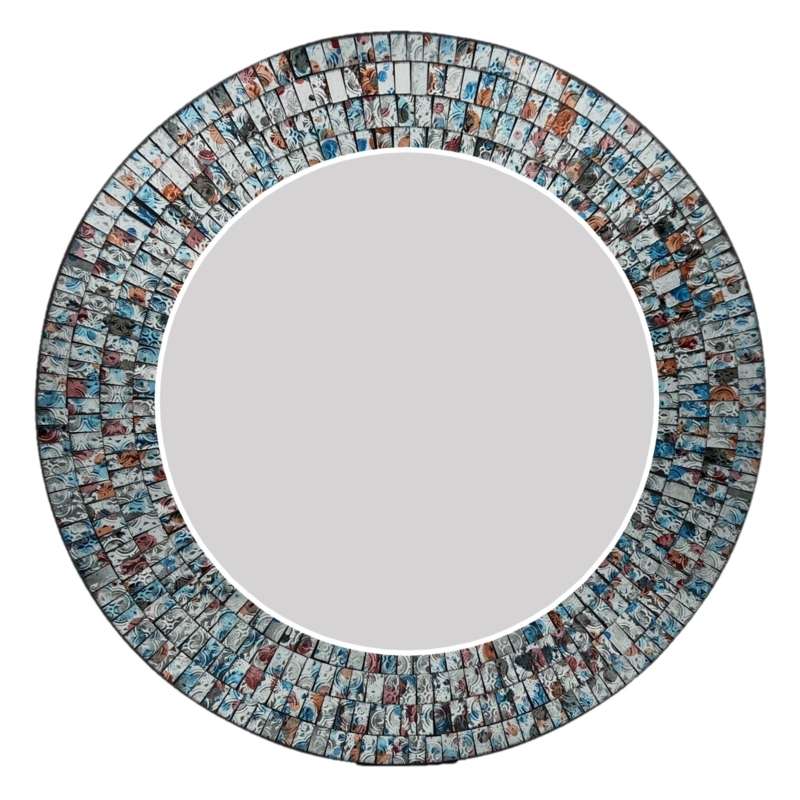 Corrigan Studio Mirror Wall Art Dcor  Mosaic 24 Round Handcrafted Decorative Wall Mirror, Amazing Mix Of Multiple Colors Of Silver, Sky Blue, Maple Mixed In Autumn With Embedded Imperial Design